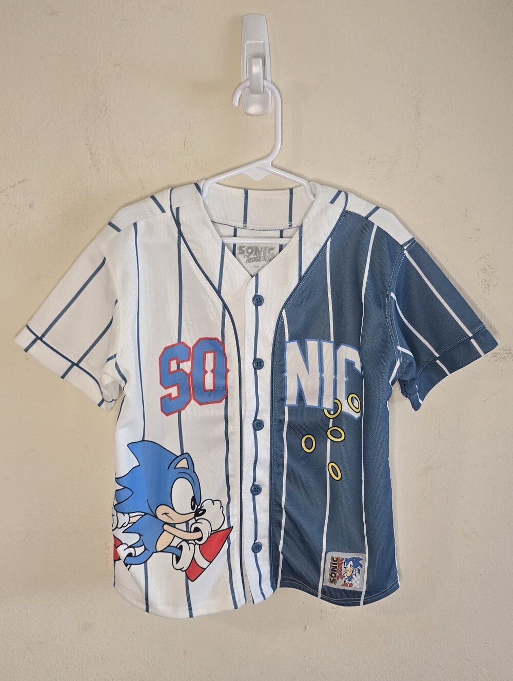 Sega Sonic Hedgehog Baseball Jersey Boys S White Blue Pinstripe Graphic 91 Retro